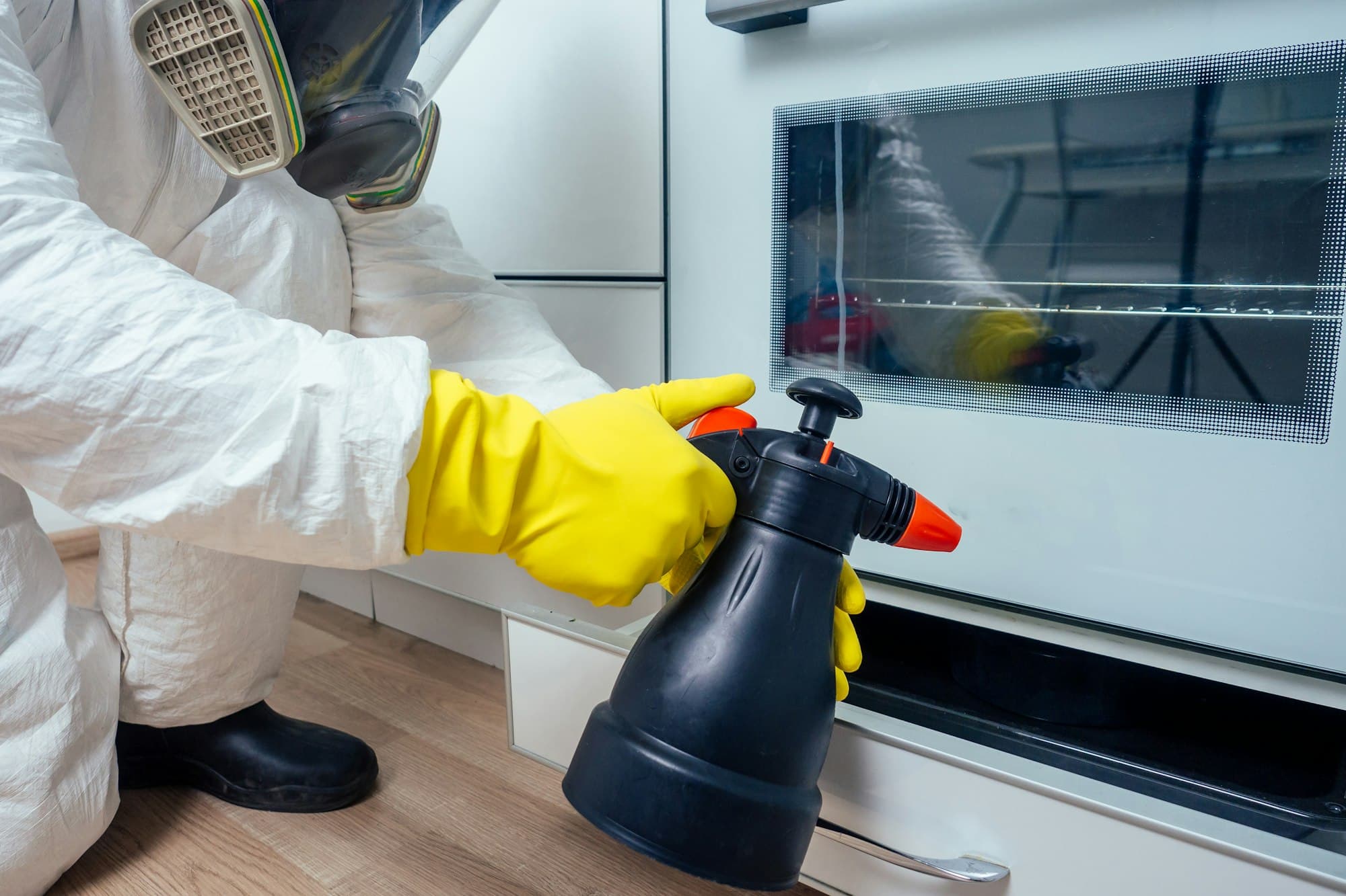 pest control worker standing with sprayer in kitchen