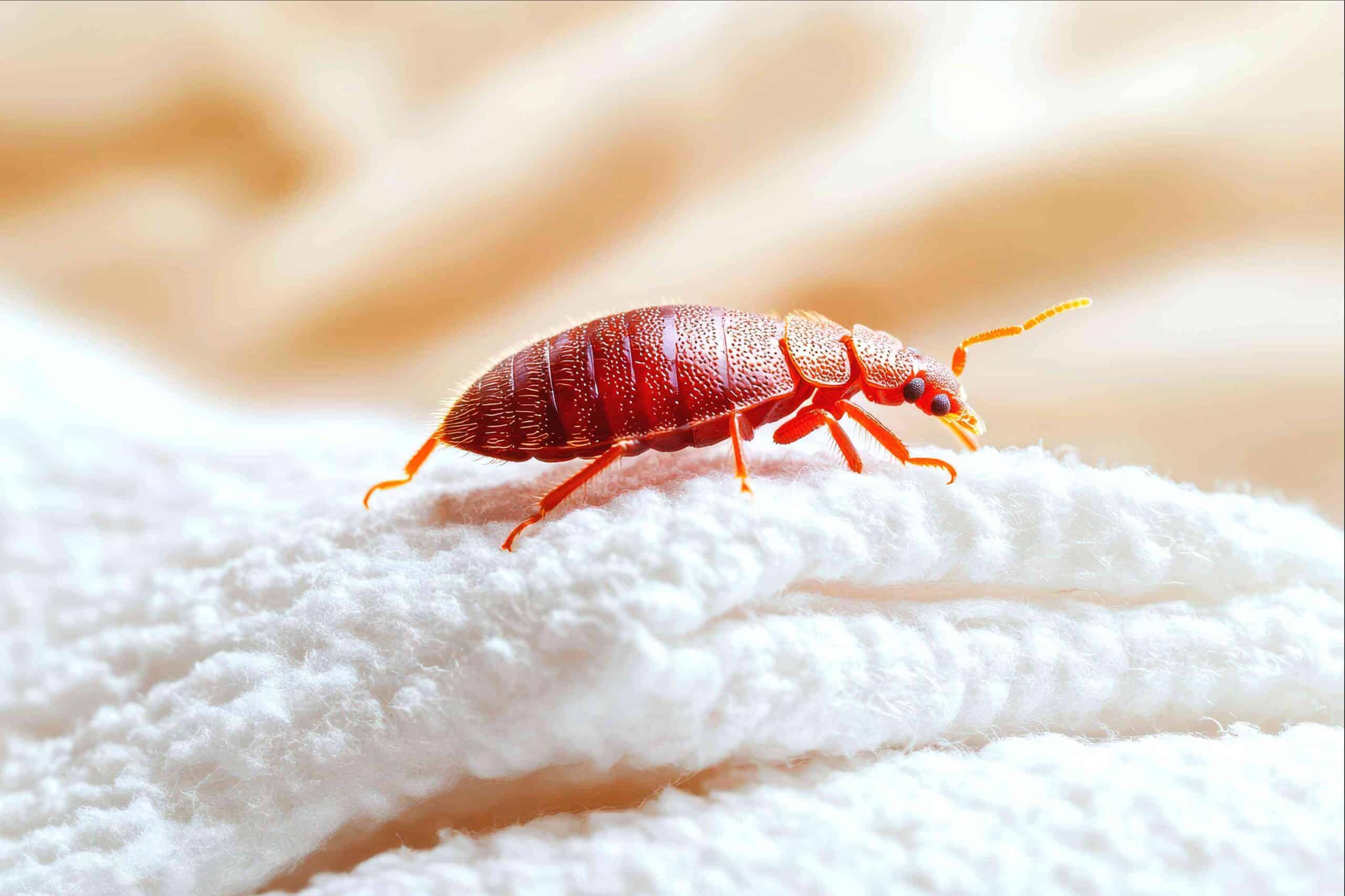 A close-up of a red bed bug on a white fabric surface