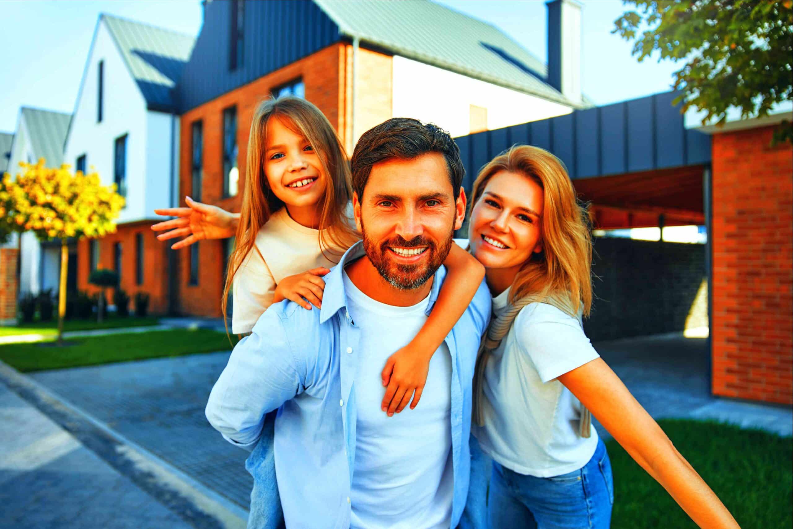 Moving, buying a home. Family shooting. A happy family of four, including parents and two children, standing outdoors in front of a home