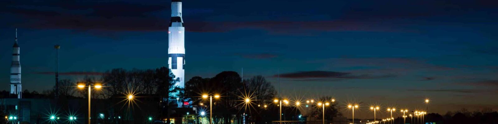 The iconic Space Launch System (SLS) rocket at the U.S. Space & Rocket Center in Huntsville, Alabama