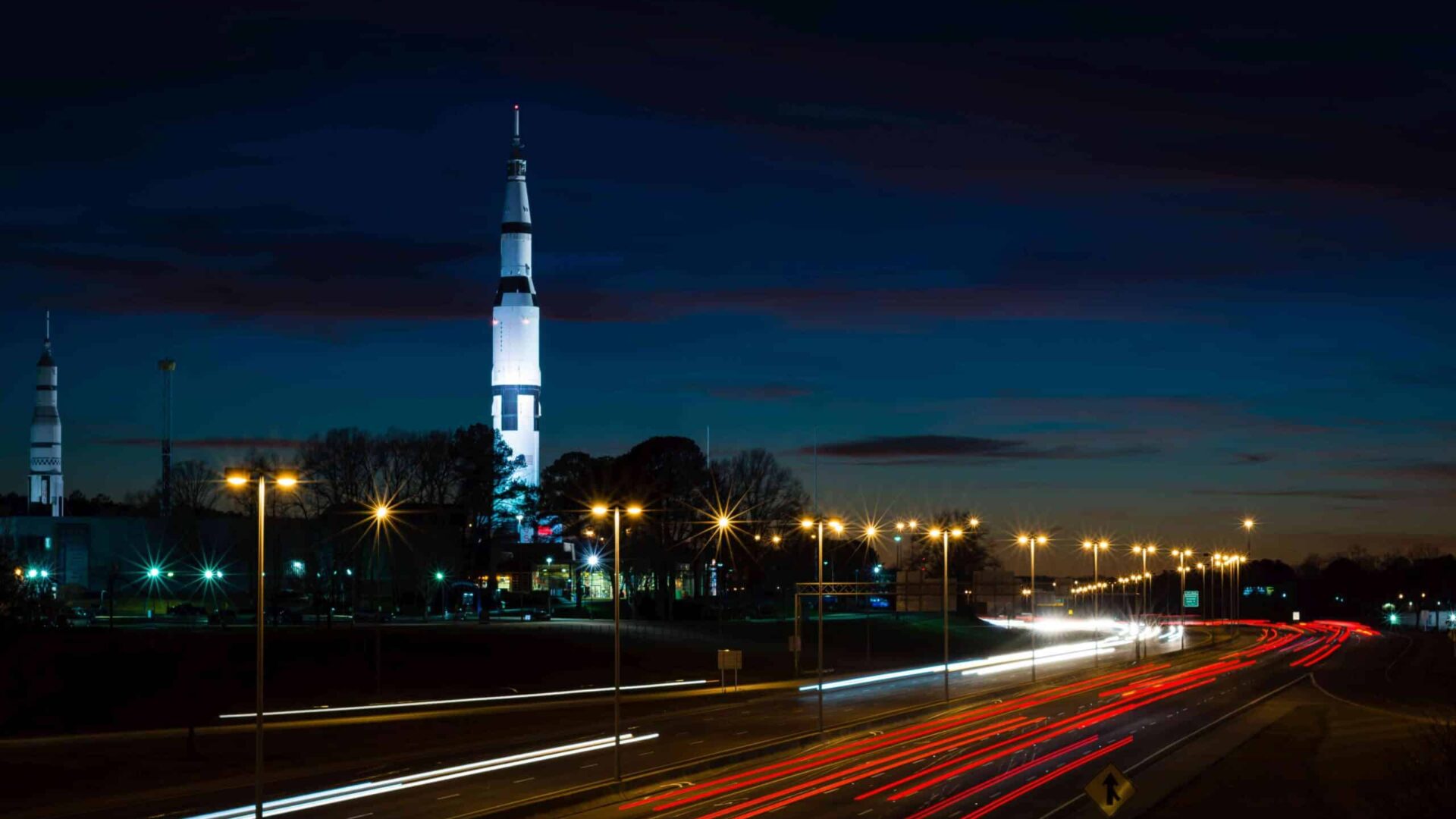 The iconic Space Launch System (SLS) rocket at the U.S. Space & Rocket Center in Huntsville, Alabama
