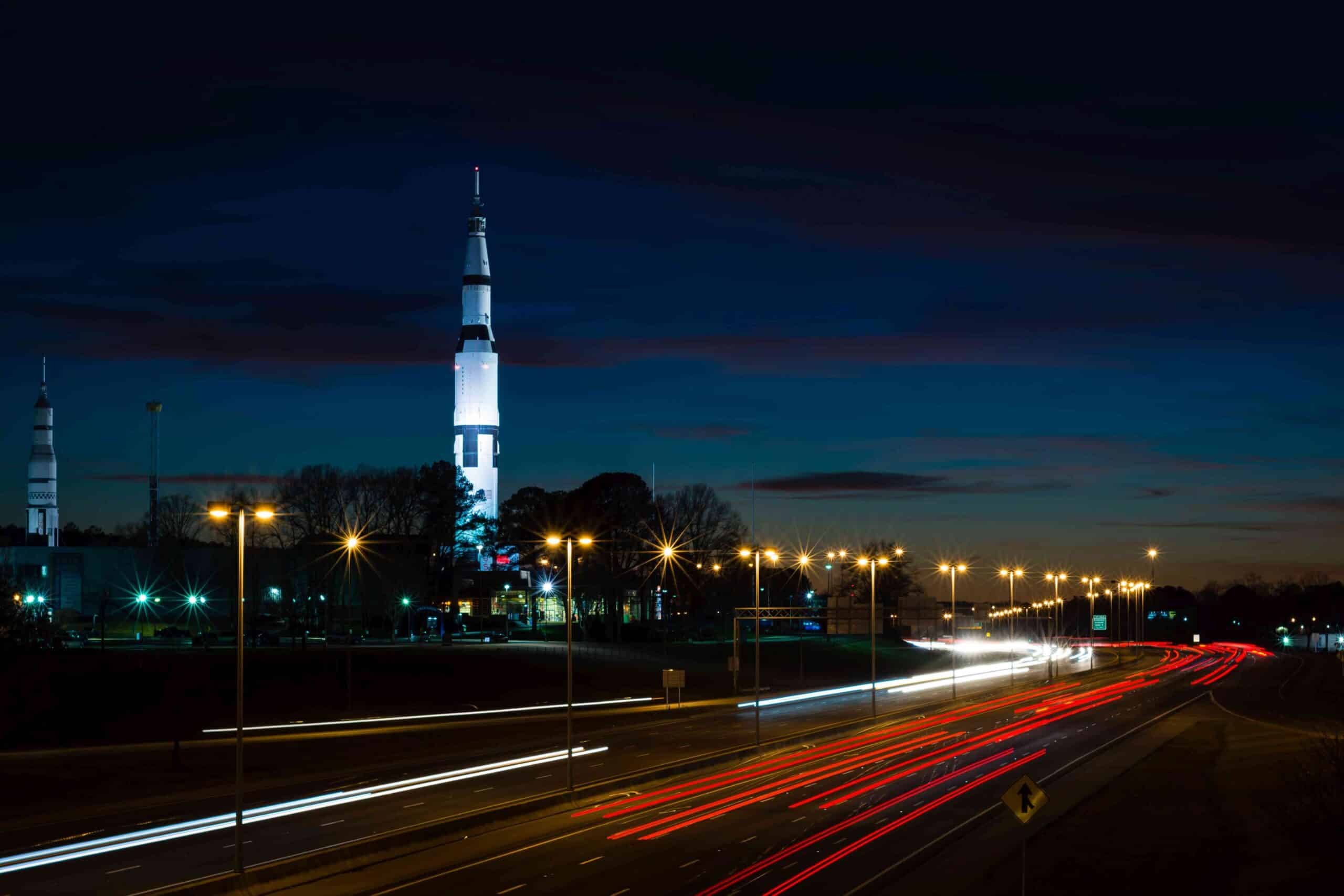 The iconic Space Launch System (SLS) rocket at the U.S. Space & Rocket Center in Huntsville, Alabama